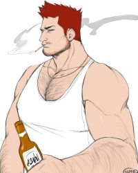 Rule 34 | 1boy, alternate costume, arm hair, artist request, bara, bare shoulders, beard, blue eyes, boku no hero academia, bottle, casual, check artist, chest hair, cigarette, endeavor (boku no hero academia), facial hair, hairy, highres, holding, holding bottle, jewelry, large pectorals, male focus, mature male, messofavs, muscular, muscular male, necklace, pectoral cleavage, pectorals, profile, red hair, scar, scar across eye, scar on face, short hair, sideburns, smoking, solo, spiked hair, stubble, tank top, white tank top