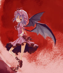 Rule 34 | 1girl, ankle lace-up, bat wings, blue hair, clothes lift, cross-laced footwear, curtsey, dress, dress lift, fang, female focus, hat, hat ribbon, heno51, highres, looking back, red eyes, remilia scarlet, ribbon, short hair, solo, touhou, wings