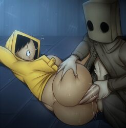 Rule 34 | 1boy, 1girl, anal, anus, ass grab, breasts, clothed female nude male, clothed sex, colored skin, detnox, grabbing, grabbing another&#039;s ass, grey skin, hair between eyes, highres, large breasts, large penis, little nightmares, looking at viewer, lying, nude, partially undressed, penis, penis grab, six (little nightmares), sweat, veins, veiny penis