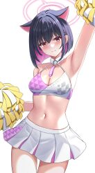 Rule 34 | 1girl, absurdres, animal ears, armpits, black hair, blue archive, blush, breasts, cat ears, cheerleader, cleavage, colored inner hair, crop top, extra ears, halo, hibika, highres, holding, holding pom poms, kazusa (blue archive), looking at viewer, medium breasts, multicolored hair, navel, pink hair, pom pom (cheerleading), pom poms, red eyes, short hair, skirt, solo, white background