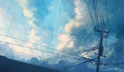 Rule 34 | axleaki, blue sky, cloud, cloudy sky, commentary, day, highres, light rays, no humans, original, power lines, scenery, sky, sky focus, utility pole, wide shot