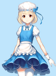 Rule 34 | 1girl, apron, blonde hair, blue background, blue dress, blunt bangs, closed mouth, cowboy shot, dress, frilled apron, frills, gloves, hat, lolihorn, looking at viewer, maid, mob cap, original, puffy short sleeves, puffy sleeves, red eyes, short hair, short sleeves, simple background, smile, solo, standing, tareme, thighhighs, waist apron, white gloves, white thighhighs, zettai ryouiki
