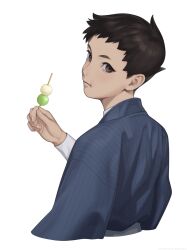 Rule 34 | 1boy, ace attorney, aged down, black hair, blue kimono, brown eyes, character request, child, closed mouth, cropped torso, dango, eating, food, highres, japanese clothes, kimono, kune akiro, long sleeves, looking back, male focus, solo, wagashi