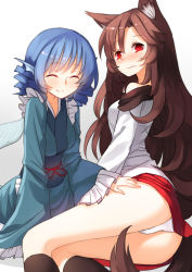 Rule 34 | 2girls, animal ears, ass, bare shoulders, black socks, blouse, blue hair, blush, brown hair, closed eyes, dress, drill hair, fins, hand on another&#039;s thigh, hand on thigh, head fins, highres, imaizumi kagerou, japanese clothes, kimono, kneehighs, long hair, long sleeves, looking at viewer, mermaid, miniskirt, monster girl, multiple girls, obi, off shoulder, panties, red eyes, red ribbon, ribbon, sash, sh (shinh), shirt, simple background, sitting, skirt, smile, socks, tail, touhou, underwear, very long hair, wakasagihime, wavy mouth, white panties, wide sleeves, wolf ears, wolf tail, yuri
