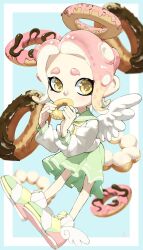 Rule 34 | 1girl, a a2001214, angel wings, ankle wings, blue background, blue border, border, commentary request, doughnut, dress, eating, food, frilled dress, frills, full body, green dress, highres, medium hair, nintendo, octoling, octoling girl, octoling player character, outside border, pink hair, sailor dress, simple background, solo, splatoon (series), tentacle hair, thick eyebrows, white border, wings, yellow eyes