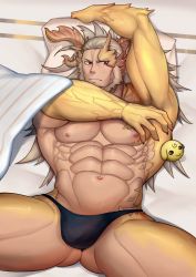 Rule 34 | 1boy, abs, absurdres, bara, beard, bikini briefs, black male underwear, briefs, bulge, dragon boy, dragon horns, facial hair, fagan (p&amp;d), feet out of frame, highres, horns, large pectorals, light brown hair, long hair, lying, male focus, male underwear, mature male, mikicat, muscular, muscular male, navel, nipples, on back, on bed, pectorals, puzzle &amp; dragons, red eyes, solo, spread legs, stomach, thick thighs, thighs, topless male, underwear, underwear only