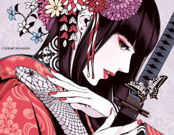 Rule 34 | 1girl, black hair, brown eyes, bug, butterfly, commentary, english commentary, eyelashes, eyeliner, flower, from side, grey background, hair flower, hair ornament, holding, holding sword, holding weapon, insect, japanese clothes, katana, kimono, long hair, looking at viewer, makeup, neck tattoo, original, parted lips, red eyeliner, red lips, snake, sword, takanashi shin, tattoo, weapon