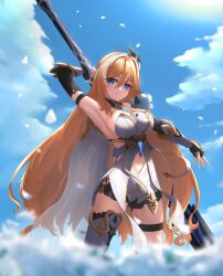 Rule 34 | 1girl, absurdres, arm behind back, arm up, armor, armored dress, armpits, bianka durandal ataegina, bianka durandal ataegina (palatinus equinox), blonde hair, blue eyes, blue sky, blurry, blurry foreground, boots, breasts, cleavage, clothing cutout, cloud, cloudy sky, fingerless gloves, flower, gauntlets, gloves, hair ornament, highres, holding, holding polearm, holding weapon, honkai (series), honkai impact 3rd, lance, large breasts, long hair, nabiyan, navel, navel cutout, outdoors, petals, polearm, rose, shirt, single boot, sky, solo, thigh strap, weapon, white flower, white rose, white shirt