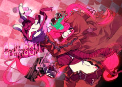 Rule 34 | 10s, 1girl, ahoge, ass, bandages, belt, black rock shooter, bullet, denim, fingerless gloves, gloves, glowing, gun, hood, hoodie, jeans, long hair, nagy, pants, pink hair, red eyes, red theme, scar, simple background, smirk, solo, star (symbol), tattoo, torn clothes, very long hair, vocaloid, weapon, zipper