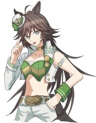 Rule 34 | 1girl, ahoge, animal ears, belt, belt buckle, bojue (hakus 1128), bow, brown hair, buckle, commentary request, cowboy shot, cropped jacket, green bow, green eyes, hair between eyes, hair ornament, hairclip, hand on own hip, hat, high collar, highres, horse ears, horse girl, jacket, long hair, long sleeves, mandarin collar, mini hat, mini top hat, mr. c.b. (umamusume), open clothes, open jacket, open mouth, pants, parted lips, shirt, simple background, solo, teeth, top hat, umamusume, upper teeth only, very long hair, white background, white belt, white hat, white jacket, white pants