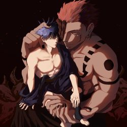 Rule 34 | 2boys, age difference, animal skull, arm tattoo, black hair, black nails, extra arms, extra eyes, fushiguro megumi, green eyes, hand on another&#039;s head, height difference, highres, jujutsu kaisen, looking at another, male focus, multiple boys, muscular, muscular male, nail polish, partially undressed, pink hair, ryoumen sukuna (jujutsu kaisen), short hair, shoulder tattoo, size difference, soles, spiked hair, stirrup legwear, tattoo, toeless legwear, toes, virusuleueul, yaoi