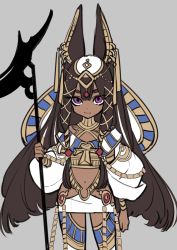 Rule 34 | 1girl, animal ears, ankh, anubis (westxost), arm at side, big hair, bracelet, brown hair, closed mouth, collar, contrapposto, cowboy shot, dark-skinned female, dark skin, diadem, earrings, ears up, grey background, highres, holding, jackal ears, jewelry, long hair, long sleeves, looking at viewer, navel, original, puffy long sleeves, puffy sleeves, purple eyes, samei ikusa, simple background, solo, staff, standing, thighhighs, very long hair