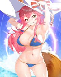 Rule 34 | 1girl, :p, armpits, arms up, bad id, bad pixiv id, bikini, blue bikini, blush, breasts, cleavage, cloud, collarbone, fate/grand order, fate (series), fox tail, hat, large breasts, long hair, looking at viewer, navel, ocean, outdoors, pink hair, ratio (ratio-d), sky, smile, solo, standing, swimsuit, tail, tamamo (fate), tamamo no mae (fate/extra), tamamo no mae (swimsuit lancer) (fate), tamamo no mae (swimsuit lancer) (third ascension) (fate), tongue, tongue out, yellow eyes