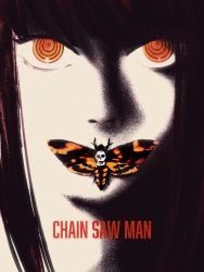 Rule 34 | 1girl, absurdres, bug, chainsaw man, close-up, commentary, copyright name, highres, bug, makima (chainsaw man), moth, movie poster, mrns d, orange eyes, parody, partially colored, red eyes, skull, solo, the silence of the lambs