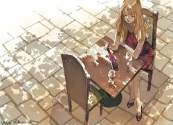 Rule 34 | 1girl, alcohol, bottle, cafe, chair, commentary, cup, dappled sunlight, dated, dress, drinking glass, eyelashes, closed eyes, from above, high heels, highres, long hair, muted color, original, outdoors, painting (medium), red dress, signature, sitting, sleeveless, sleeveless dress, solo, sunlight, table, texture, traditional media, watercolor (medium), wine, wine bottle, wine glass, zennosuke