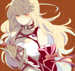 Rule 34 | 1girl, bare shoulders, blonde hair, brown background, choker, detached sleeves, gloves, gradient hair, holding, isago (ica), long hair, lowres, midriff, milla maxwell, multicolored hair, red eyes, sheath, sheathed, simple background, solo, strapless, sword, tales of (series), tales of xillia, tube top, weapon