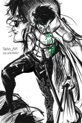 Rule 34 | 1boy, 1other, abs, aramaki (ryokugyu), artist name, artist request, body writing, facial hair, full body, highres, katana, looking to the side, military, military uniform, monochrome, multiple views, muscular, one piece, pants, pectorals, print pants, shaded face, short hair, simple background, smoking, sword, uniform, weapon, white background