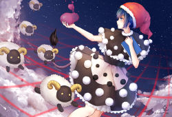 Rule 34 | 1girl, absurdres, blue eyes, blue hair, capelet, cloud, commentary request, doremy sweet, dream soul, dress, fur trim, hat, highres, hoshiringo0902, nightcap, parted lips, partial commentary, pom pom (clothes), profile, red hat, sheep, solo, star (sky), tail, touhou
