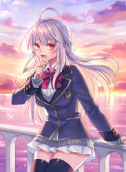 Rule 34 | 1girl, ahoge, black thighhighs, blazer, blue coat, bow, bowtie, cloud, coat, commentary, cowboy shot, finger to cheek, glint, gradient sky, grey sweater, hair blowing, highres, horizon, jacket, leaning on object, light particles, long hair, long sleeves, looking at viewer, lower teeth only, ocean, open mouth, original, outdoors, pleated skirt, railing, red bow, red bowtie, red eyes, school emblem, school uniform, shirt, silver hair, skirt, sky, solo, sunset, suzaku (zaku6584), sweater, teeth, thighhighs, twilight, uniform, very long hair, white shirt, white skirt, wind