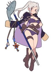 Rule 34 | 1girl, alternate costume, belt, bikini, black coat, boots, breasts, brown eyes, brown footwear, cleavage, coat, do m kaeru, female focus, fire emblem, fire emblem awakening, fire emblem heroes, fish, full body, gloves, holding, holding polearm, holding trident, holding weapon, leather, leather belt, leather boots, leather gloves, long coat, looking to the side, medium breasts, nintendo, official alternate costume, polearm, purple bikini, robin (female) (fire emblem), robin (female) (summer) (fire emblem), robin (fire emblem), solo, swimsuit, trident, twintails, underboob, weapon, white background, white hair
