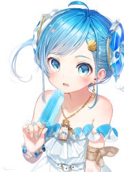 Rule 34 | 1girl, ahoge, anchor, arm ribbon, asymmetrical bangs, bare shoulders, belt, belt buckle, blue eyes, blue hair, blue nails, blush, bracelet, brown ribbon, buckle, commentary, cork, dress, earrings, flat chest, food, food bite, gold trim, hair ornament, highres, holding, holding food, innertube hair ornament, jewelry, looking at viewer, message in a bottle, multicolored nails, nail art, nail polish, necklace, off-shoulder dress, off shoulder, open mouth, original, parted bangs, popsicle, ribbon, ryota (ry o ta), shell hair ornament, short hair, short twintails, sidelocks, signature, simple background, single earring, solo, star (symbol), star hair ornament, symbol-only commentary, twintails, upper body, white background, white belt, white dress, white nails