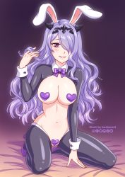 Rule 34 | 1girl, animal ears, artist name, black thighhighs, bow, bowtie, breasts, burbur, camilla (fire emblem), commentary, english commentary, fake animal ears, female focus, fire emblem, fire emblem fates, full body, hair over one eye, twirling hair, hand up, heart maebari, heart pasties, high heels, horns, large breasts, long hair, long sleeves, looking at viewer, maebari, meme attire, navel, nintendo, parted lips, pasties, purple bow, purple bowtie, purple eyes, purple footwear, purple hair, rabbit ears, rabbit tail, revealing clothes, reverse bunnysuit, reverse outfit, shoes, shrug (clothing), sitting, solo, stomach, tail, thighhighs, tiara, very long hair, watermark, wavy hair