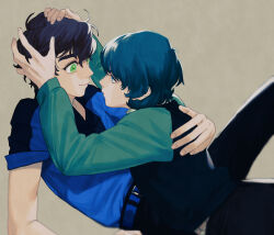 Rule 34 | 2boys, belt, black hair, black pants, black shirt, blue belt, blue eyes, blue hair, blue shirt, blue sleeves, closed mouth, collared shirt, eye contact, green eyes, grey background, gundam, gundam zz, hand on another&#039;s back, hands on another&#039;s head, judau ashta, kamille bidan, leg up, long sleeves, looking at another, lying, male focus, multiple boys, on back, open collar, pants, raglan sleeves, shirt, short hair, short sleeves, simple background, smile, sweater, thick eyebrows, ususio 11, yaoi
