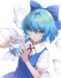 Rule 34 | 1girl, blue bow, blue dress, blue eyes, blue hair, blue nails, blurry, blurry background, bow, breasts, cirno, closed mouth, depth of field, dress, from above, hair between eyes, hair bow, hands up, highres, holding, ice, ice wings, kabu (niniko2ko), light blush, looking at viewer, nail polish, neck ribbon, pinafore dress, puffy short sleeves, puffy sleeves, red ribbon, ribbon, serious, short hair, short sleeves, simple background, sleeveless dress, small breasts, solo, touhou, upper body, v-shaped eyebrows, white background, wing collar, wings