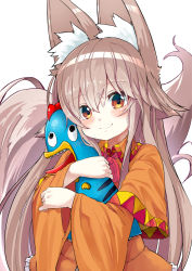 Rule 34 | 1girl, animal ears, commentary request, detached sleeves, fox ears, hair between eyes, holding, light brown hair, long hair, looking at viewer, noa (nagareboshi), original, red eyes, solo, stuffed toy, upper body