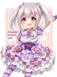 Rule 34 | 1girl, :d, blush, bow, breasts, candy, candy hair ornament, candy wrapper, center frills, checkered clothes, checkered skirt, cookie, copyright name, doughnut, flower knight girl, food, food-themed hair ornament, frilled skirt, frilled sleeves, frills, grey hair, hair between eyes, hair ornament, haru ichigo, heart, heart hair ornament, iberis (flower knight girl), long hair, looking at viewer, medium breasts, open mouth, outstretched arm, pantyhose, puffy short sleeves, puffy sleeves, purple bow, purple eyes, purple pantyhose, purple skirt, shirt, short sleeves, sidelocks, skirt, smile, solo, star (symbol), striped background, striped clothes, striped pantyhose, striped sleeves, tareme, teeth, twintails, upper teeth only, vertical stripes, white shirt, wrist cuffs