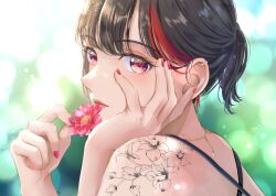 Rule 34 | 1girl, bang dream!, black hair, blurry, blurry background, chizoku sawa, closed mouth, ear piercing, flower, flower tattoo, gold necklace, hand on own face, head on hand, head rest, highres, holding, holding flower, jewelry, looking at viewer, mitake ran, multicolored hair, necklace, piercing, portrait, red eyes, red flower, red hair, red lips, red nails, short hair, shoulder tattoo, sidelocks, solo, streaked hair, tattoo