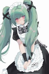 Rule 34 | 1girl, apron, blush, character request, chinese commentary, commentary request, corin wickes (zenless zone zero), green hair, highres, long hair, looking at viewer, maid, maid apron, maid headdress, pink eyes, short sleeves, solo, twintails, white background, yukiri (l ii), zenless zone zero