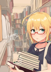 Rule 34 | 1girl, ahoge, alakoala, alternate costume, artist name, blonde hair, blue eyes, blush, book, book stack, bookshelf, breasts, casual, closed mouth, collarbone, commentary request, dated, glasses, hair between eyes, highres, holding, holding book, i-8 (kancolle), indoors, kantai collection, library, long hair, looking at viewer, low twintails, medium breasts, red-framed eyewear, semi-rimless eyewear, solo, standing, twintails, under-rim eyewear