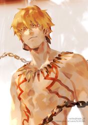 1boy bare_shoulders blonde_hair body_markings chain closed_mouth commentary_request ear_piercing earrings fate/stay_night fate_(series) gilgamesh_(fate) hair_between_eyes jewelry kalak_39 looking_ahead male_focus necklace piercing red_eyes short_hair solo topless_male upper_body