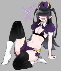 Rule 34 | 1girl, 2021, agawa ryou, black hair, boots, breasts, dated, grey background, hair over eyes, high heel boots, high heels, long hair, navel, original, pointy ears, simple background, small breasts, smile, solo, thighs, white footwear