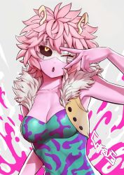Rule 34 | 1girl, arm at side, artist name, ashido mina, bare arms, bare shoulders, black sclera, boku no hero academia, breasts, cleavage, collarbone, colored sclera, colored skin, cyfrus, fur collar, hand up, horns, looking at viewer, mask, medium breasts, medium hair, one eye closed, open mouth, pink hair, purple skin, solo, unitard, upper body, v, v over eye, vest, yellow eyes