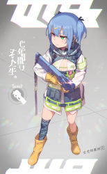 Rule 34 | 1girl, atte nanakusa, bikini, blue hair, blue thighhighs, blush, boots, bullpup, camouflage, fingerless gloves, flat chest, gloves, green bikini, green eyes, gun, hair ornament, hairclip, heterochromia, highres, holding, holding gun, holding weapon, jacket, original, p90, personal defense weapon, purple eyes, rubber boots, see-through, single thighhigh, solo, submachine gun, swimsuit, thighhighs, twintails, weapon, yellow gloves
