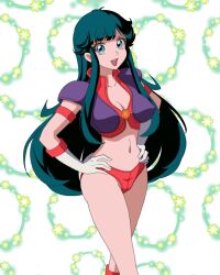 Rule 34 | 1980s (style), 1girl, blue eyes, breasts, cleavage, covered erect nipples, curvy, gloves, green hair, hands on own hips, highres, kirishima reika, large breasts, legs, long hair, looking at viewer, midriff, navel, oldschool, open mouth, smile, solo, taito, thighs, time gal, wide hips