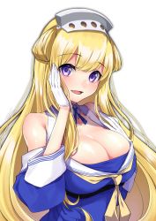 Rule 34 | 1girl, blonde hair, blue shirt, breasts, chikage (blackclownery), cleavage, double bun, fletcher (kancolle), gloves, hair bun, hair ornament, hairband, highres, kantai collection, large breasts, long hair, looking at viewer, neckerchief, off shoulder, purple eyes, sailor collar, school uniform, serafuku, shirt, smile, solo, star (symbol), star hair ornament, upper body, white background, white gloves, white sailor collar, yellow neckerchief
