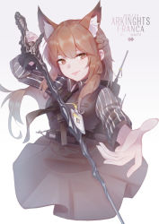 Rule 34 | 1girl, absurdres, animal ears, arknights, black dress, braid, brown eyes, brown hair, closed mouth, commentary request, dress, english text, fox ears, fox girl, franka (arknights), highres, huge filesize, reaching, reaching towards viewer, saw272, simple background, solo, sword, weapon, white background