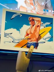 Rule 34 | 1boy, arm over head, armpit hair, armpits, bara, bird, black hair, blue male swimwear, blush, chest hair, facial hair, goatee, highres, holding, holding surfboard, large pectorals, looking at viewer, male focus, male swimwear, mature male, muscular, muscular male, navel, nipples, original, pectorals, photo (medium), r.l (2089184064), sanpaku, seagull, short hair, sideburns stubble, smile, solo, stomach, stubble, surfboard, swim trunks, thick eyebrows, topless male, wet