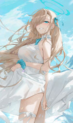 Rule 34 | 1girl, asuna (blue archive), blue archive, blue eyes, blue scrunchie, breasts, brown hair, dema hmw, dress, hair over one eye, highres, large breasts, long hair, looking at viewer, scrunchie, sleeveless, sleeveless dress, smile, solo, wrist scrunchie