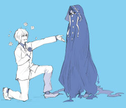 Rule 34 | 1boy, 1girl, blue background, collared shirt, fate/strange fake, fate (series), formal, hair between eyes, hood, hood up, isshoku (shiki), jester karture, kneeling, long sleeves, looking at another, mask, mouth mask, necktie, no name assassin (fate), on one knee, open mouth, pants, shirt, short hair, simple background, standing, white pants