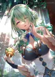 Rule 34 | 1girl, antlers, braid, braided bangs, breasts, ceres fauna, cleavage, dress, forest, gloves, green hair, highres, hololive, hololive english, horns, large breasts, looking at viewer, looking down, medium hair, nature, open mouth, shibi, single braid, tree, virtual youtuber, wavy hair, yellow eyes