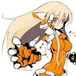Rule 34 | 1girl, bodysuit, borrowed character, breasts, brown eyes, colorized, disembodied limb, food, fruit, highres, large breasts, long hair, looking at viewer, mechanical parts, navel, nekodason, orange (fruit), original, simple background, sketch, solo, standing, upper body, very long hair, white background
