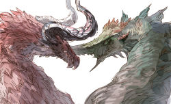 Rule 34 | azdaja (ff14), brother and sister, curled horns, dragon, closed eyes, final fantasy, final fantasy xiv, from side, half-closed eyes, highres, horns, no humans, portrait, profile, red eyes, sakaya313, scales, sharp teeth, siblings, simple background, single horn, sketch, slit pupils, spikes, teeth, vrtra, white background