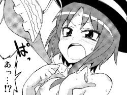 Rule 34 | 1girl, bow, bra, breasts, comic, female focus, greyscale, hair bow, hat, hat bow, jeno, lingerie, monochrome, nipples, nude, open mouth, small breasts, solo, sweat, touhou, underwear, upper body, usami renko
