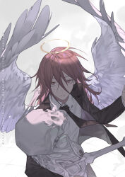 Rule 34 | 1boy, angel devil (chainsaw man), angel wings, bishounen, black jacket, black necktie, blazer, chainsaw man, collared shirt, dress shirt, halo, highres, jacket, long hair, long sleeves, looking at viewer, manfung, messy hair, necktie, open mouth, red eyes, red hair, ribs, shirt, skull, twitter username, upper body, white background, wings