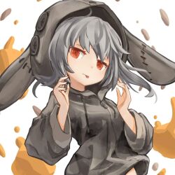 Rule 34 | 1girl, animal costume, grey hair, halloween, halloween costume, henzer, highres, original, rabbit costume, red eyes, solo, tongue, tongue out, upper body, white background