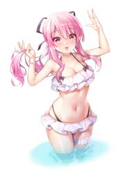 Rule 34 | 1girl, :d, armpits, arms up, bare shoulders, bikini, bikini skirt, black ribbon, blush, breasts, cleavage, collarbone, commentary request, cowboy shot, frilled bikini, frills, groin, hair between eyes, hair ribbon, highleg, highleg bikini, highres, holding, holding own hair, layered bikini, long hair, looking at viewer, medium breasts, midriff, navel, open mouth, original, pink eyes, pink hair, pinki o64, ponytail, ribbon, sidelocks, simple background, smile, solo, standing, swimsuit, thigh strap, wading, water, wet, white background, white bikini
